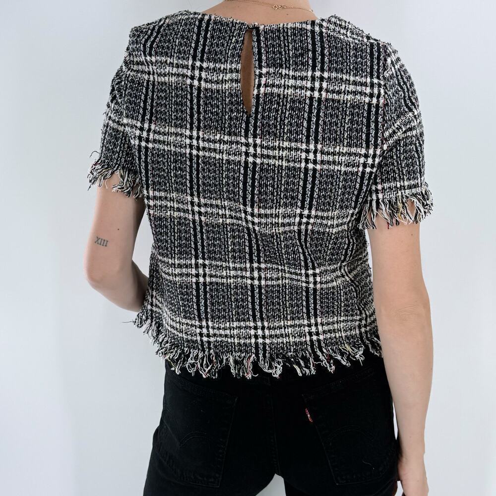 Storia Tweed Black Plaid Checkered Pattern Crewneck Short Sleeve Bouse Small - Picture 2 of 3